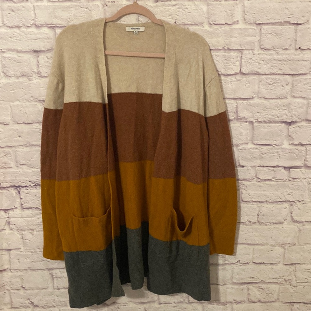 Madewell Colorblock Merino Wool Cardigan in Cream, Brown, Mustard, Gray
